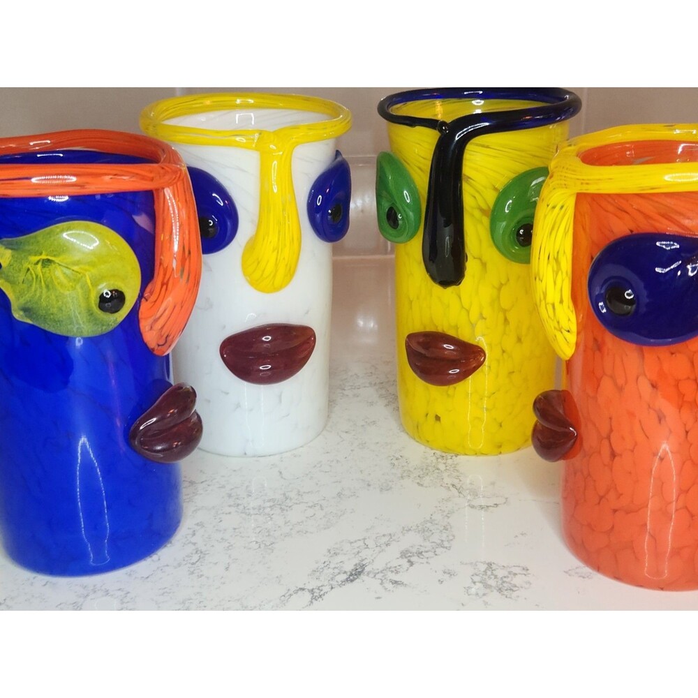 Set Of 4 Art Glass Face Drinking Glasses Tumblers Gary Guydosh Hand Blown Signed